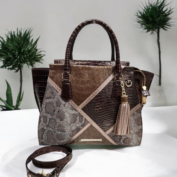 Brahmin Handbags - 🔹️BRAHMIN🔹️RARE TAUPE Tempera PRISCILLA Satchel Croc Python Patchwork Leather